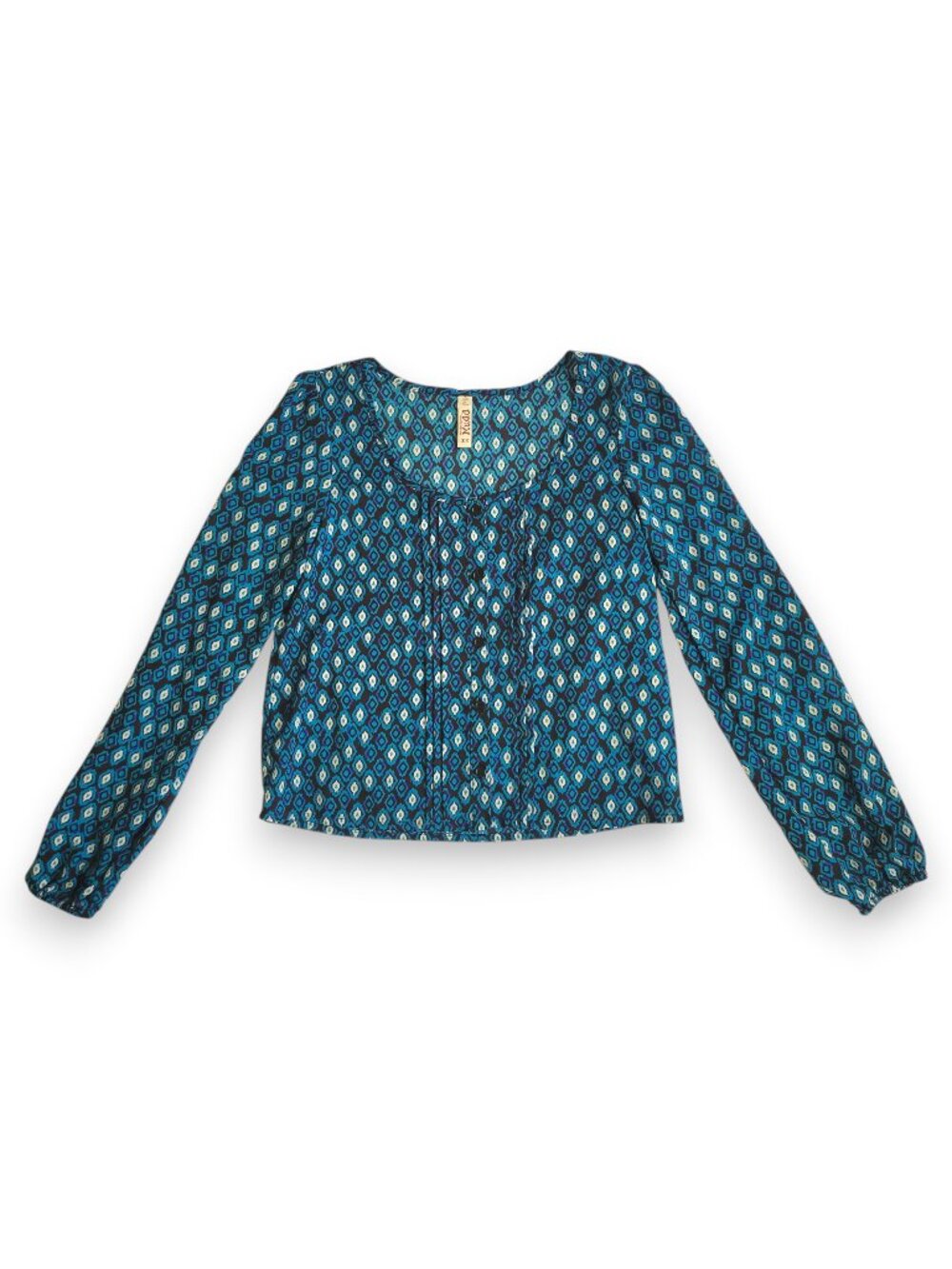 MUDD Y2K Peasant Blouse XS Turquoise Geometric Boho Balloon Sleeve Button Top